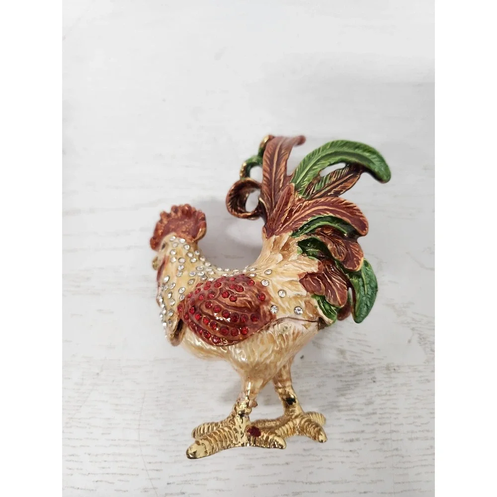Rooster Crystal Alloy Metal Art Trinket Box Ring Box Rhinestones Qifu India New